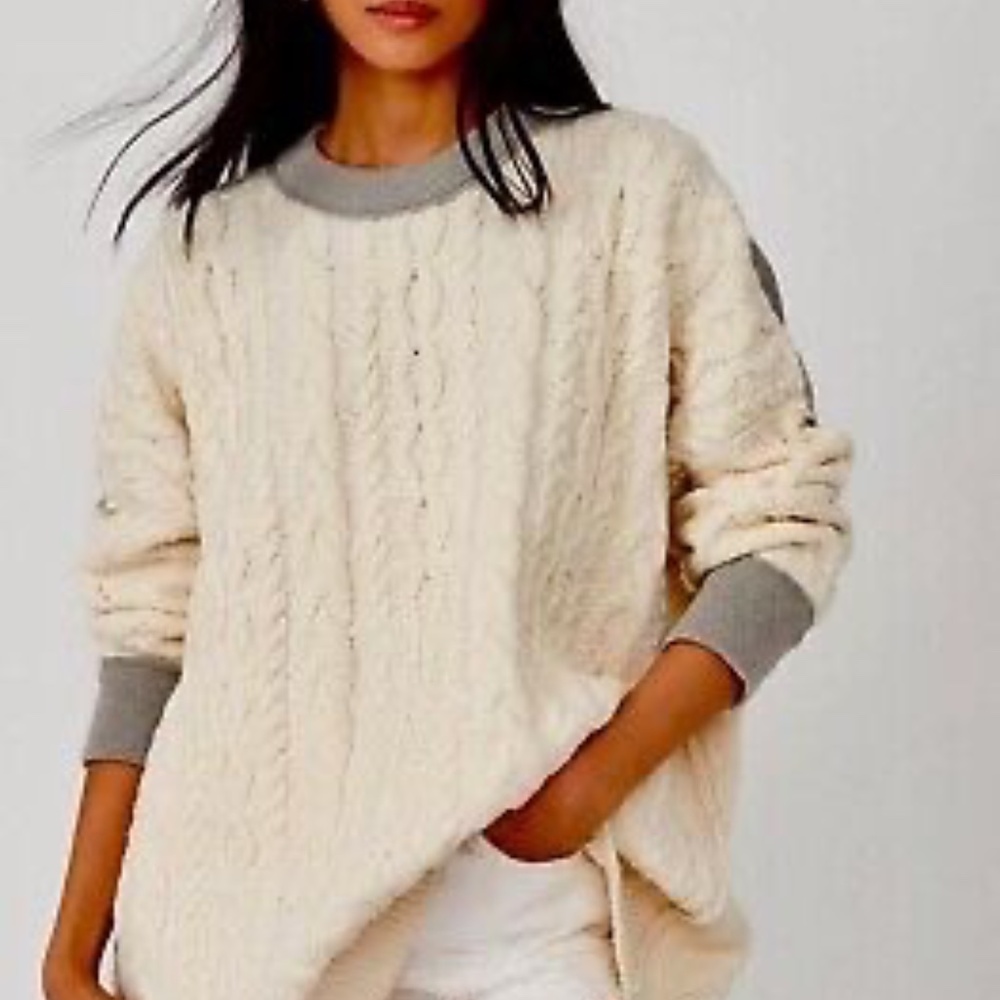 Free People cream and gray mini sweater dress/long oversized sweater, Small EUC
